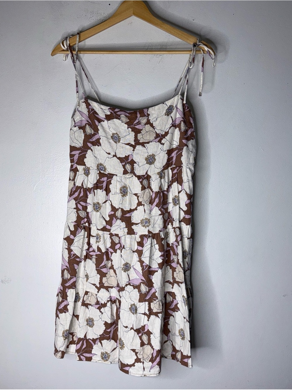 Abercrombie Fitch Brown Cream Spaghetti Strap Sundress Linen Blend Tiered Mini M